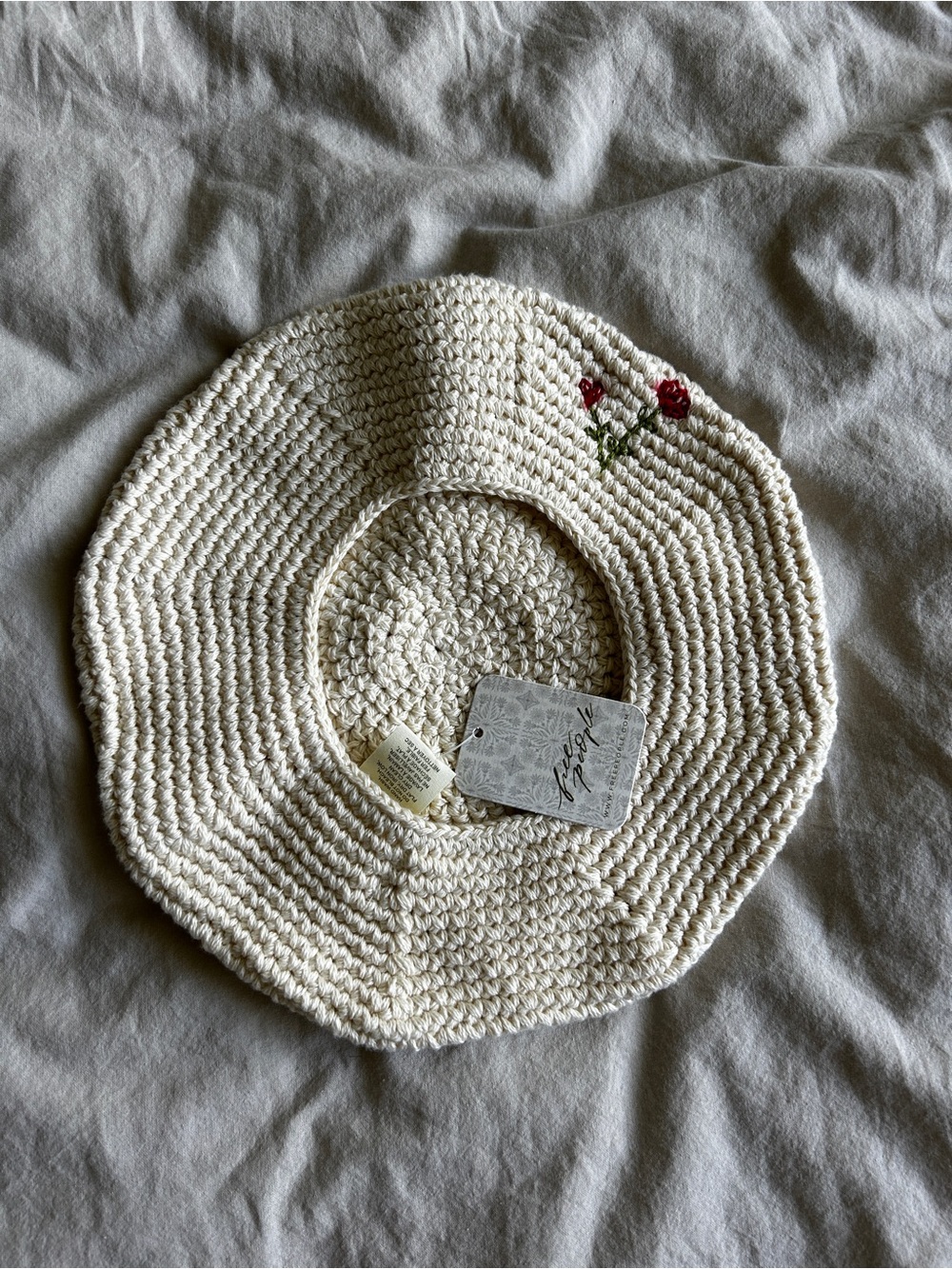 Free People Beret Crochet Hat with Red Rose Embroidery - Cream NWT